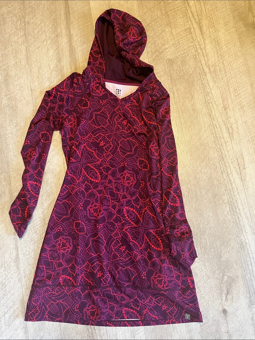 Title Nine Hooded long-sleeved dress or tunic in Deep Plum and Fuchsia